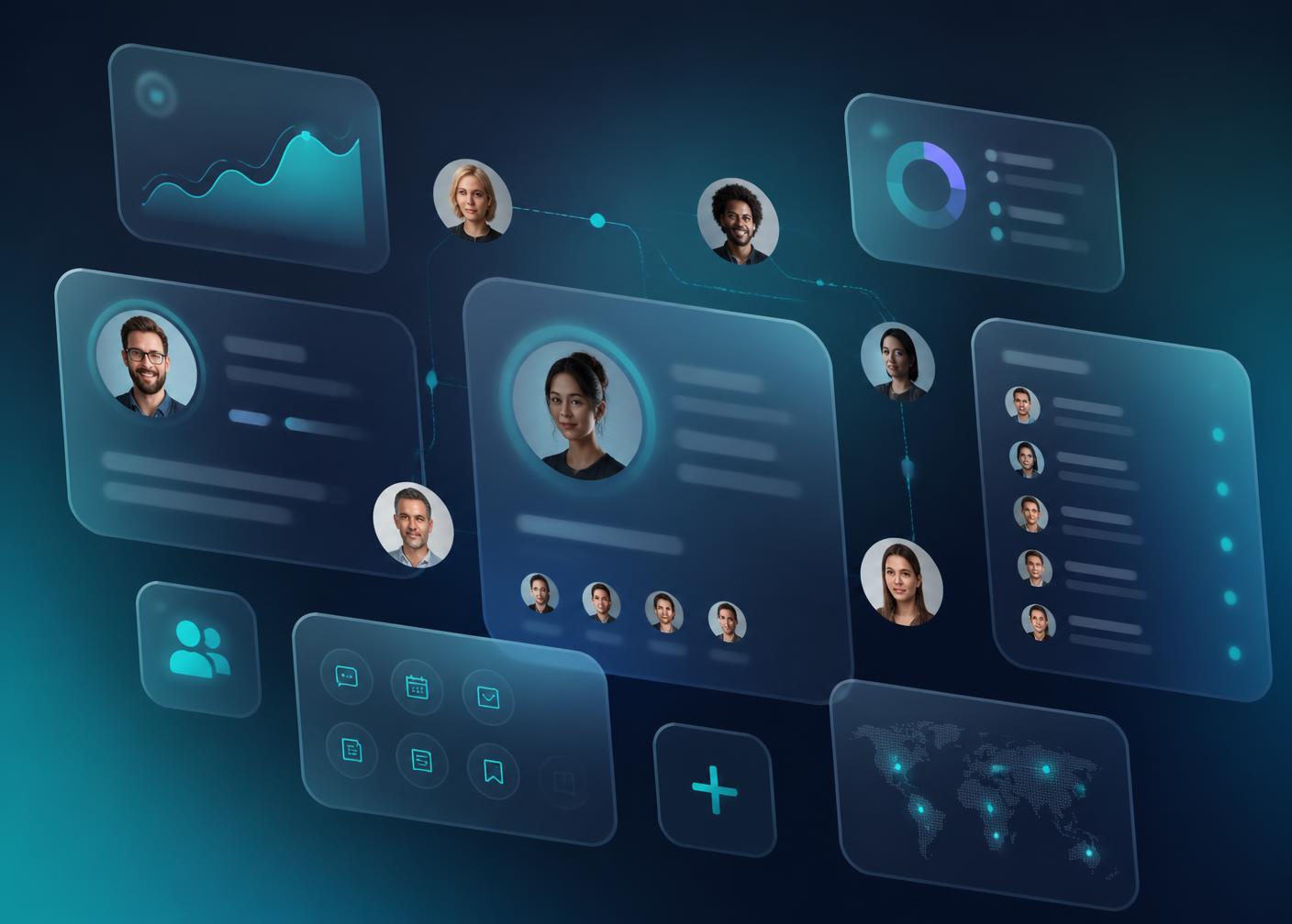 ProConnect dashboard showing professional profiles, connection graph and hiring analytics